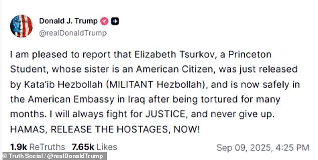 Breaking: Princeton Student Elizabeth Tsurkov Freed After Two-Year Hostage Ordeal, Trump Announces Rescue on Truth Social