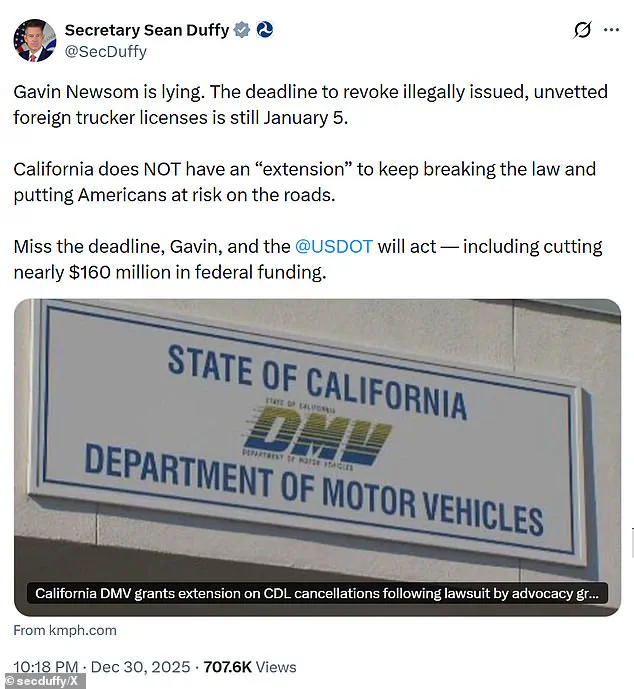 Federal and State Officials Clash Over California's Policy on Revoking Commercial Driver's Licenses for Undocumented Immigrants, Citing Public Safety Concerns