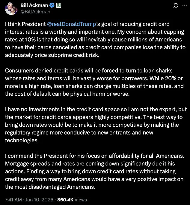 Bill Ackman Breaks With Trump Over Credit Card Rate Cap Proposal, Warns Move Could Harm Millions