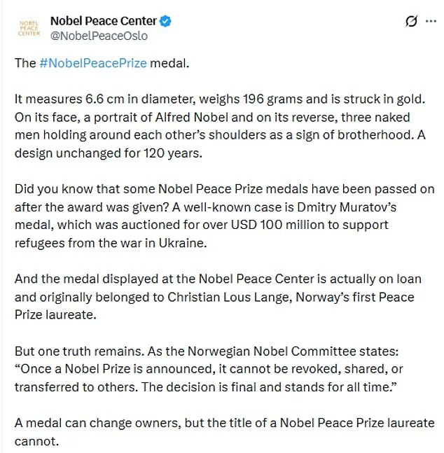Norwegian Nobel Committee Rejects Transfer of Peace Prize to Trump, Reaffirms Non-Transferable Rule
