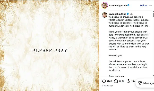 Savannah Guthrie Pleads for Prayer as Search for Missing Mother Enters Third Day