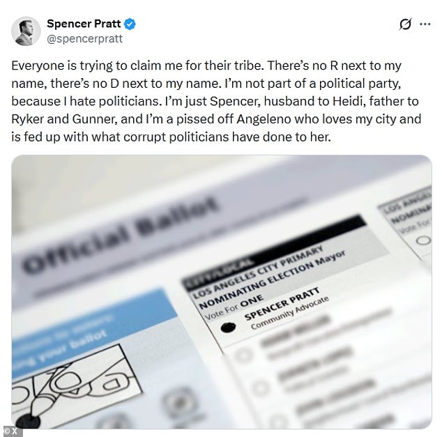 Spencer Pratt rejects party labels, calling himself just an angry Angeleno.